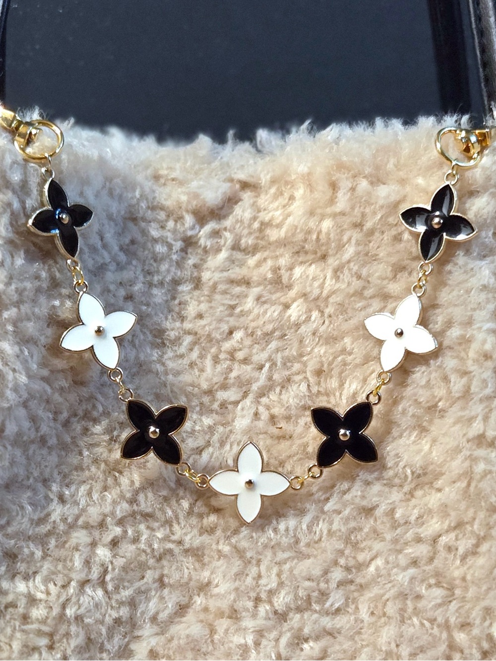 luxury inspired flower pendant bag charm | black & white enamel | bag chain